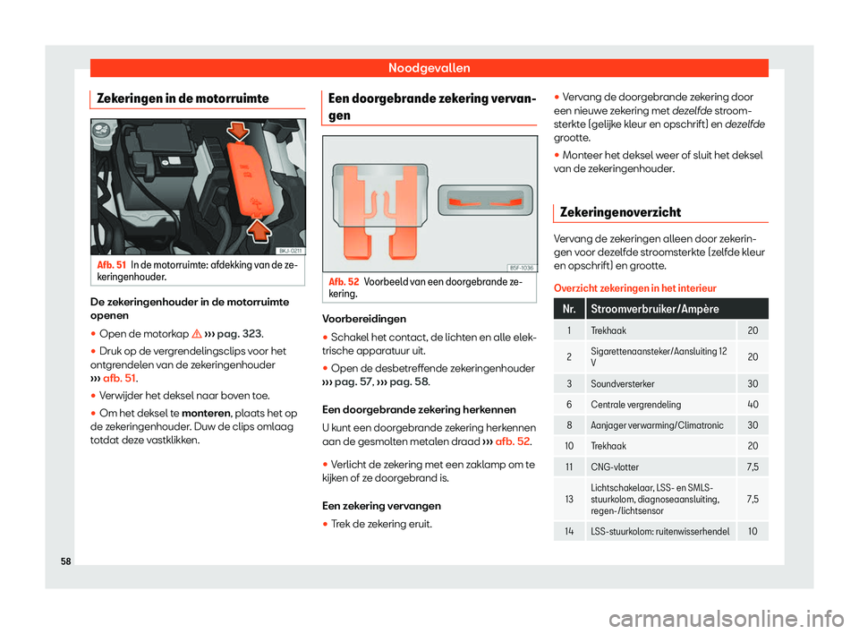 Seat Arona 2019  Handleiding (in Dutch) Noodgevallen
Zekeringen in de motorruimte Afb. 51
In de motorruimte: afdekking van de ze-
k eringenhouder .De zekeringenhouder in de motorruimte
openen
