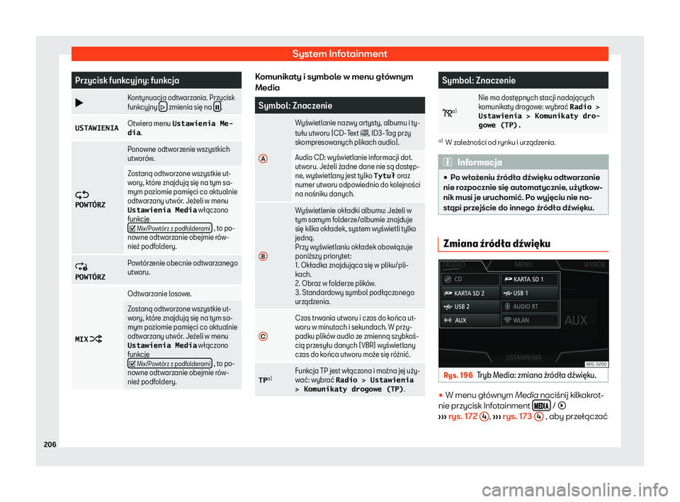 Seat Arona 2019  Instrukcja Obsługi (in Polish) System Infotainment
Przycisk funkcyjny: funkcja
�b Kontynuacja odtwarzania. Przycisk
funkcy
jny �  zmienia si
