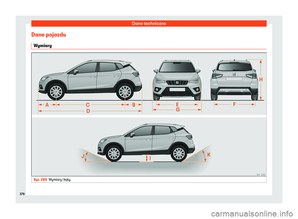 Seat Arona 2019 Instrukcja Obsługi (in Polish) Dane techniczne
Dane pojazdu W ymiary Rys. 289
Wymiary i k Seat Arona 2019 Instrukcja Obsługi (in Polish) Dane techniczne
Dane pojazdu W ymiary Rys. 289
Wymiary i k