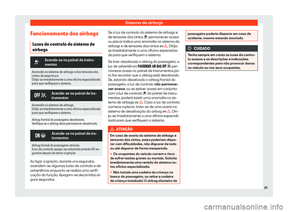 Seat Arona 2019  Manual do proprietário (in Portuguese)  Sistema de airbags
Funcionamento dos airbags Luz
es de contr
olo do sistema de
airbags �T
Acende-se no painel de instru-
mentos
Anomalia no sist ema de airbags e dos t

ensores dos
cintos de segur an