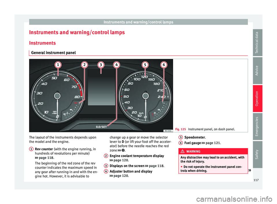 Seat Arona 2018  Owners Manual Instruments and warning/control lamps
Instruments and warning/control lamps
In s
trument
s
General instrument panel Fig. 125 
Instrument panel, on dash panel. The layout of the instruments depends upo