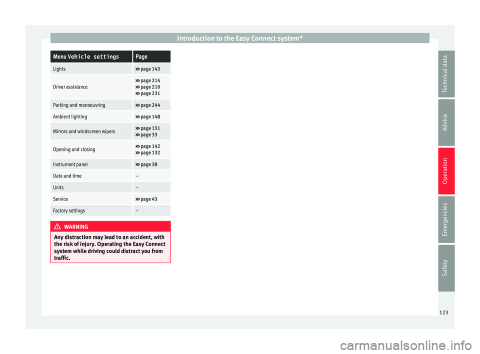 Seat Arona 2018  Owners Manual Introduction to the Easy Connect system*Menu Vehicle settingsPage
Lights››› 
page 143
Driver assistance››› page 214
›››  page 210
›››  page 231
Parking and manoeuvring›››