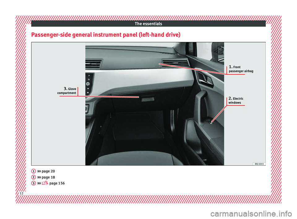 Seat Arona 2018 User Guide The essentials
Passenger-side general instrument panel (left-hand drive) ››› 
page 20
› ›
› page 18
›››   page 156 1
2
3
12  