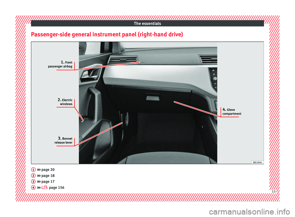 Seat Arona 2018 User Guide The essentials
Passenger-side general instrument panel (right-hand drive) ››› 
page 20
› ›
› page 18
›››  page 17
›››   page 156 1
2
3
4
13  