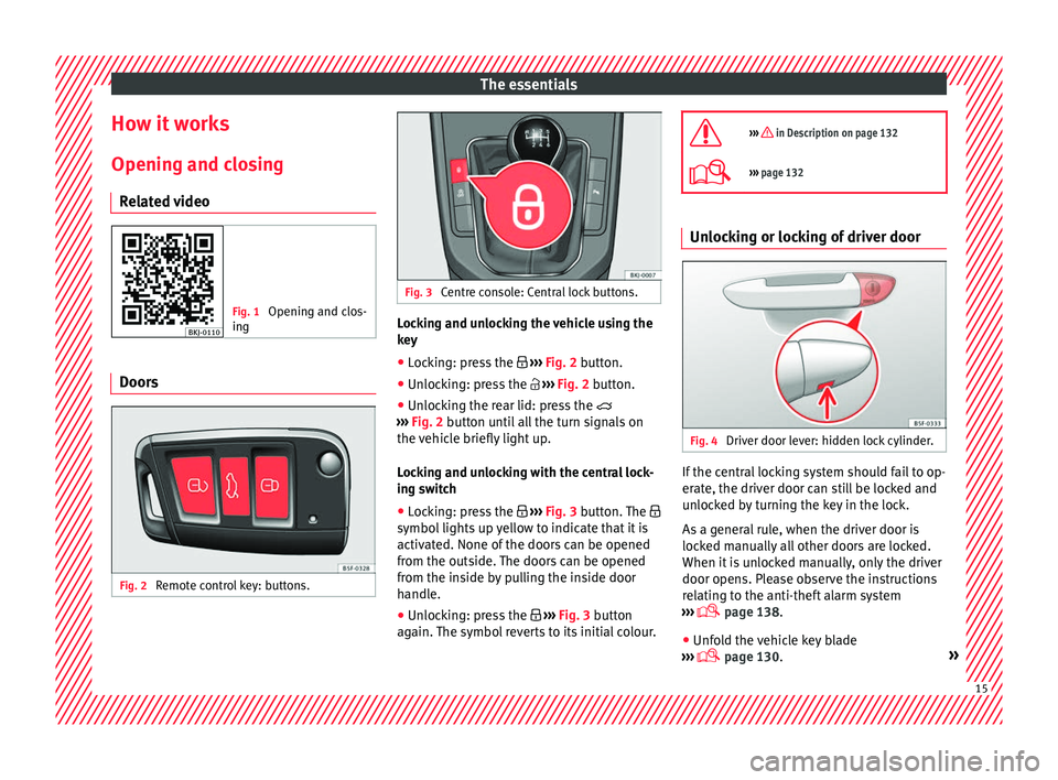 Seat Arona 2018  Owners Manual The essentials
How it works
Openin g and c
lo
sing
Related video Fig. 1 
Opening and clos-
ing Doors
Fig. 2 
Remote control key: buttons. Fig. 3 
Centre console: Central lock buttons. Locking and unlo