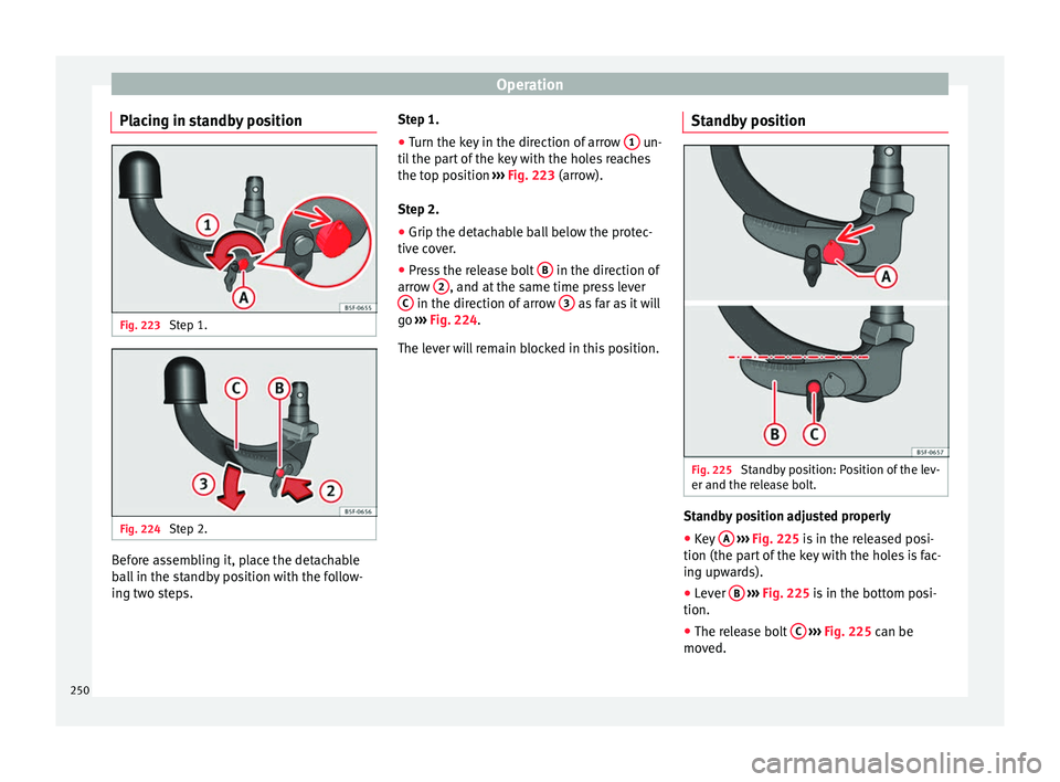 Seat Arona 2018 Owners Manual Operation
Placing in standby position Fig. 223
Step 1. Fig. 224
Step 2. Before assembling it, place the detachable
b
al
l
in the standby position with the follow-
ing two steps. Step 1.
● Turn th Seat Arona 2018 Owners Manual Operation
Placing in standby position Fig. 223
Step 1. Fig. 224
Step 2. Before assembling it, place the detachable
b
al
l
in the standby position with the follow-
ing two steps. Step 1.
● Turn th