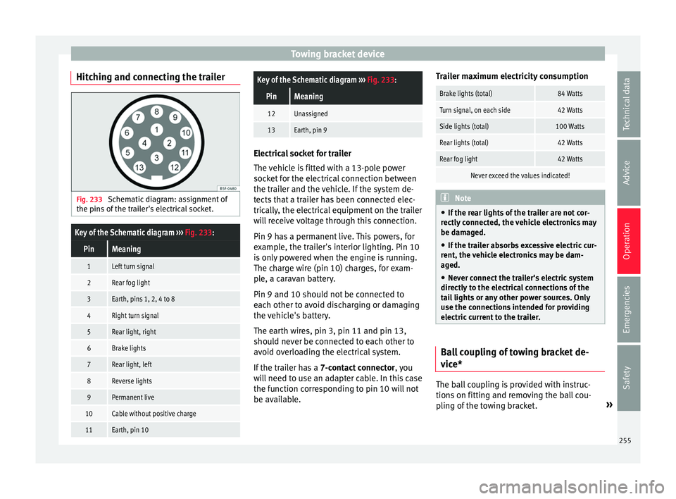 Seat Arona 2018 Owners Guide Towing bracket device
Hitching and connecting the trailer Fig. 233 
Schematic diagram: assignment of
the pins of  the trailer's electrical socket.
Key of the Schematic diagram  ››› Fig. 233: