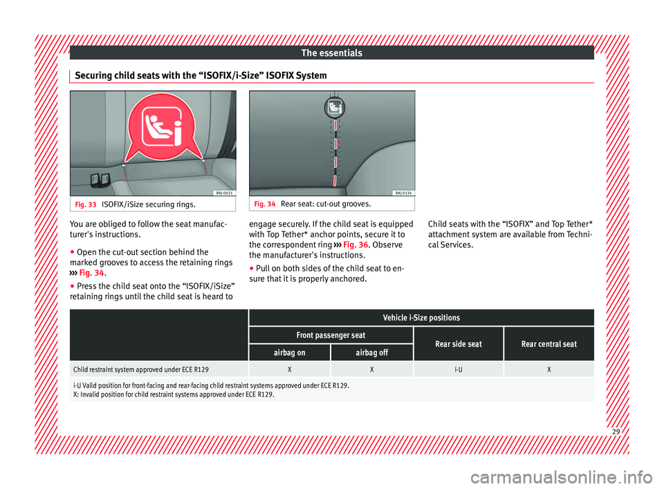 Seat Arona 2018 Owners Guide The essentials
Securing child seats with the “ISOFIX/i-Size” ISOFIX System Fig. 33 
ISOFIX/iSize securing rings. Fig. 34 
Rear seat: cut-out grooves. You are obliged to follow the seat manufac-
t
