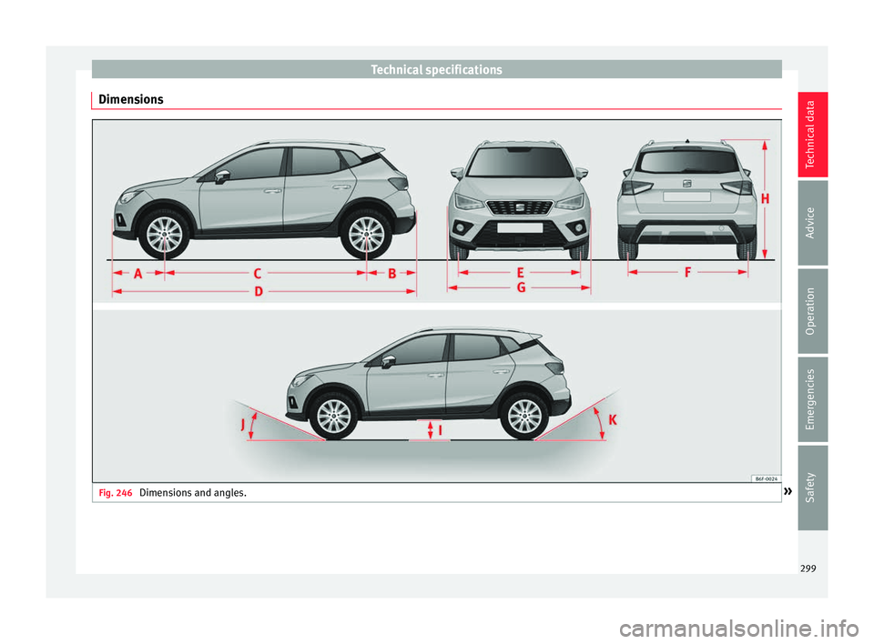 Seat Arona 2018  Owners Manual Technical specifications
Dimensions Fig. 246 
Dimensions and angles. » 299Technical data
Advice
Operation
Emergencies
Safety 