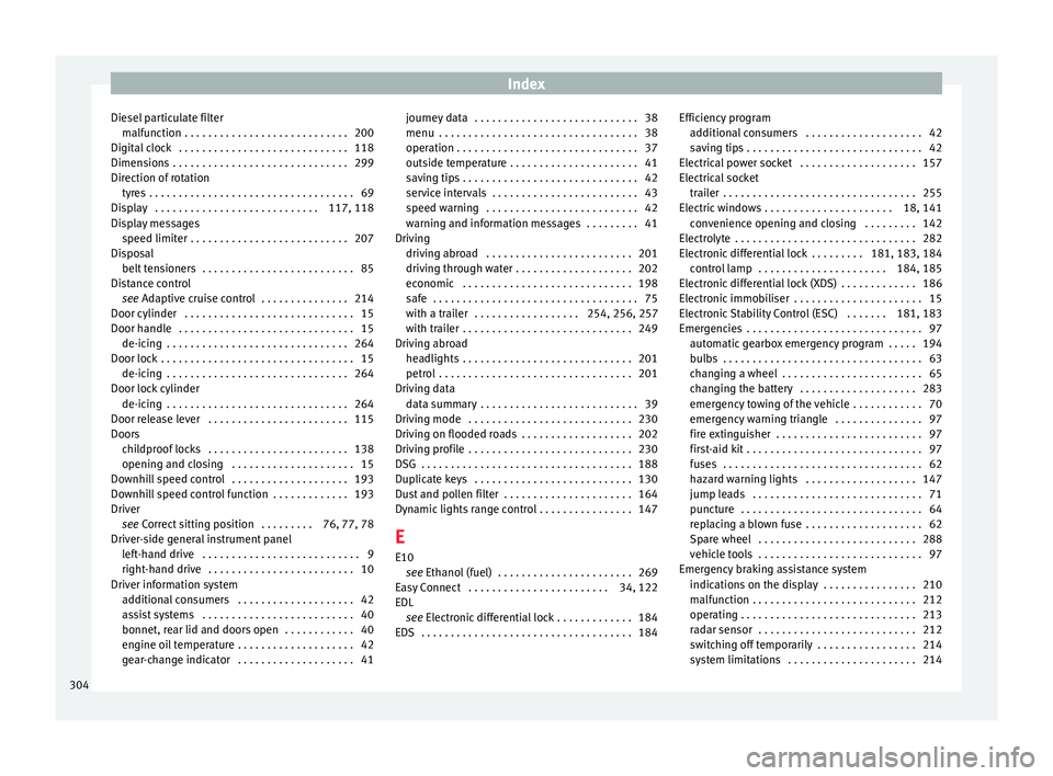 Seat Arona 2018  Owners Manual Index
Diesel particulate filter malf
u
nction . . . . . . . . . . . . . . . . . . . . . . . . . . . . 200
Digital clock  . . . . . . . . . . . . . . . . . . . . . . . . . . . . . 118
Dimensions . . . 