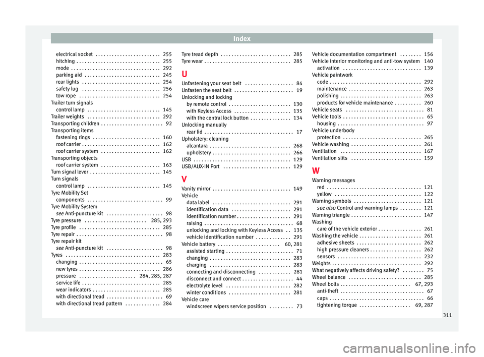 Seat Arona 2018  Owners Manual Index
electrical socket  . . . . . . . . . . . . . . . . . . . . . . . . 255
hit c
hin
g  . . . . . . . . . . . . . . . . . . . . . . . . . . . . . . . 255
mode  . . . . . . . . . . . . . . . . . . . 