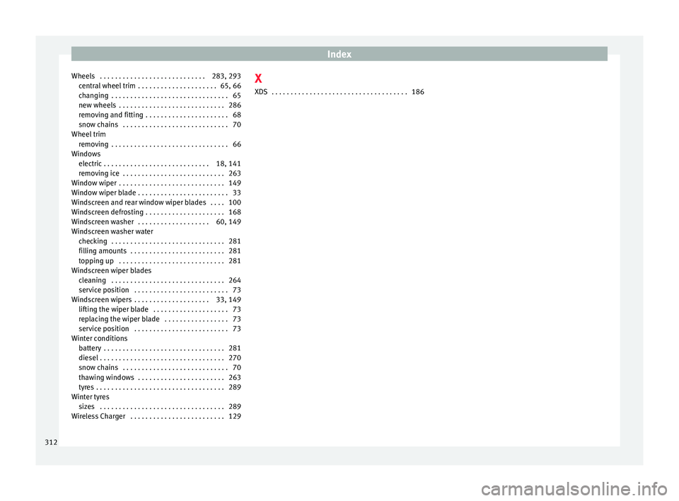 Seat Arona 2018  Owners Manual Index
Wheels  . . . . . . . . . . . . . . . . . . . . . . . . . . . . 283, 293 centr
al
 wheel trim  . . . . . . . . . . . . . . . . . . . . . 65, 66
changing  . . . . . . . . . . . . . . . . . . . . 