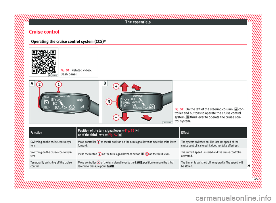 Seat Arona 2018  Owners Manual The essentials
Cruise control Oper atin
g the c
ruise control system (CCS)* Fig. 51 
Related video:
Dash panel Fig. 52 
On the left of the steering column:   con-
tro

ller and buttons to operate t
