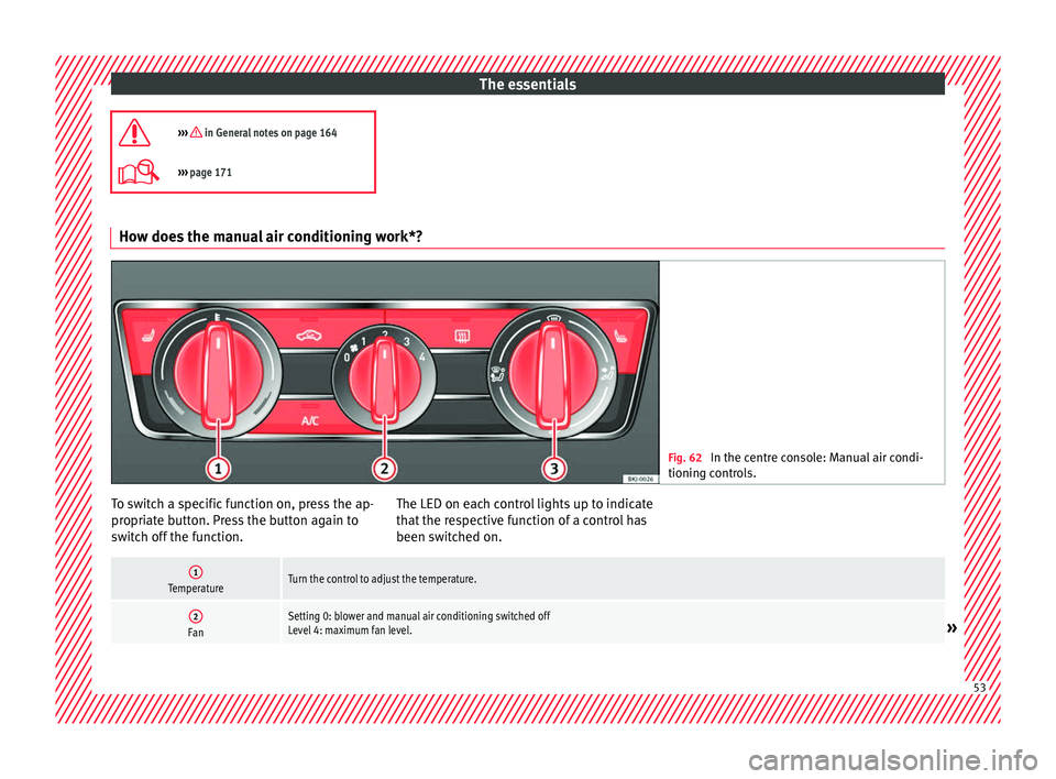 Seat Arona 2018  Owners Manual The essentials
›››  in General notes on page 164
›››  page 171 How does the manual air conditioning work*?
Fig. 62 
In the centre console: Manual air condi-
tioning c ontr

ols. To s