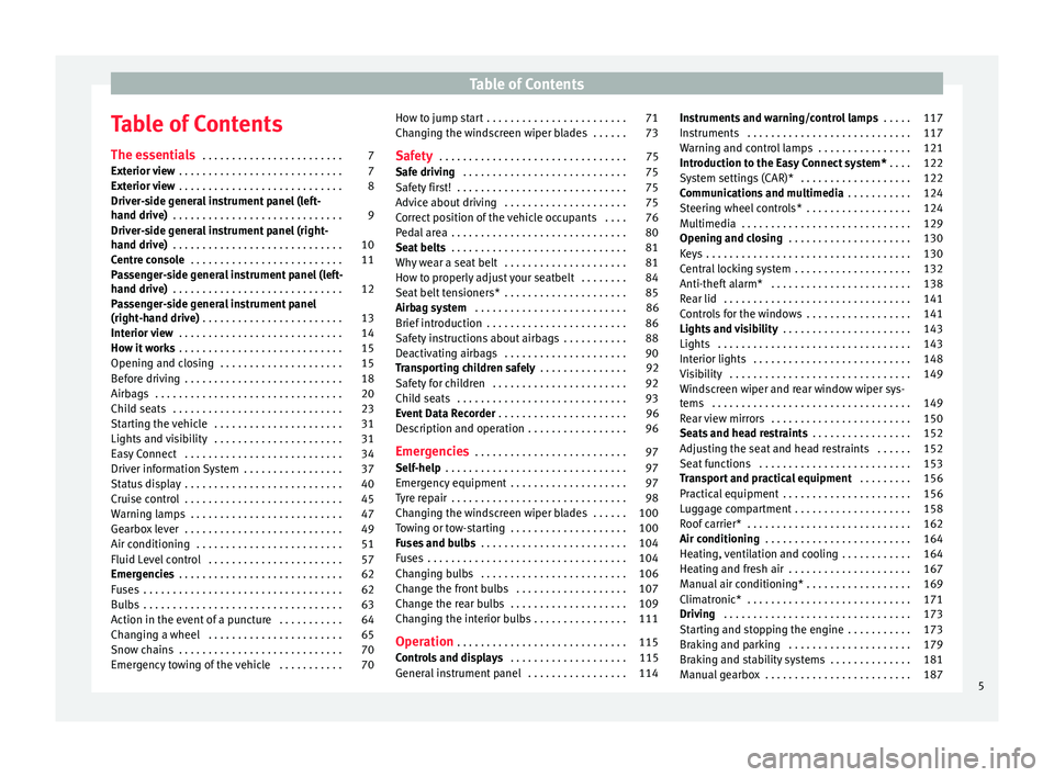 Seat Arona 2018  Owners Manual Table of Contents
Table of Contents
The e s
senti
als . . . . . . . . . . . . . . . . . . . . . . . . 7
Exterior view  . . . . . . . . . . . . . . . . . . . . . . . . . . . . 7
Exterior view  . . . . 