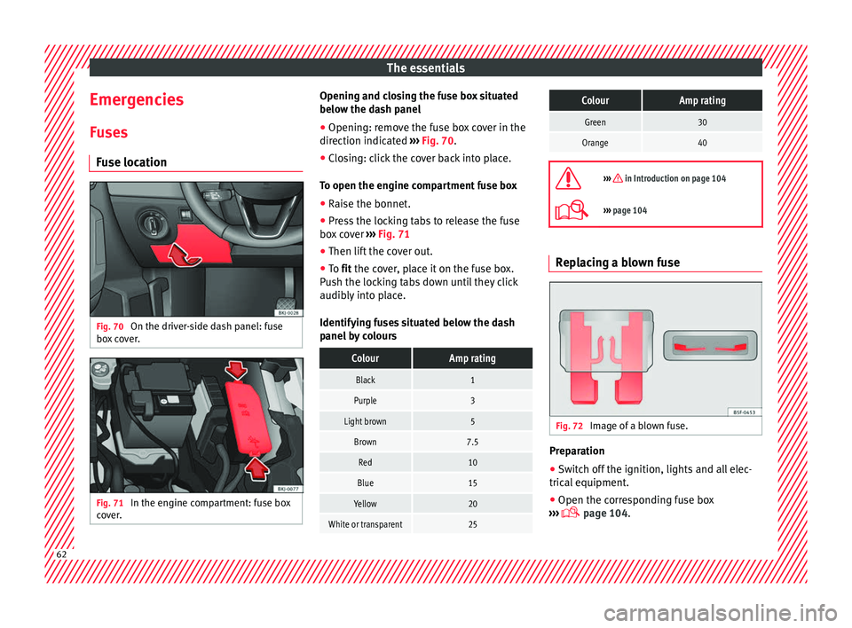 Seat Arona 2018  Owners Manual The essentials
Emergencies F u
se
s
Fuse location Fig. 70 
On the driver-side dash panel: fuse
bo x
 c

over. Fig. 71 
In the engine compartment: fuse box
c o
v

er. Opening and closing the fuse box s