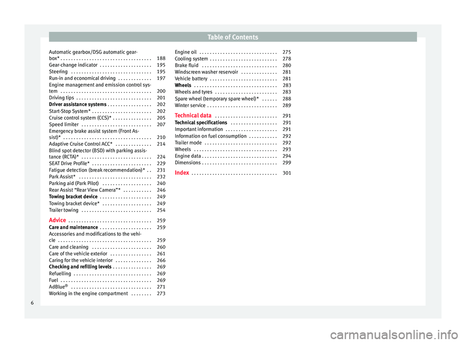 Seat Arona 2018  Owners Manual Table of Contents
Automatic gearbox/DSG automatic gear-
bo x*
 . . . . . . . . . . . . . . . . . . . . . . . . . . . . . . . . . . . 188
Ge
ar-change indicator  . . . . . . . . . . . . . . . . . . . .