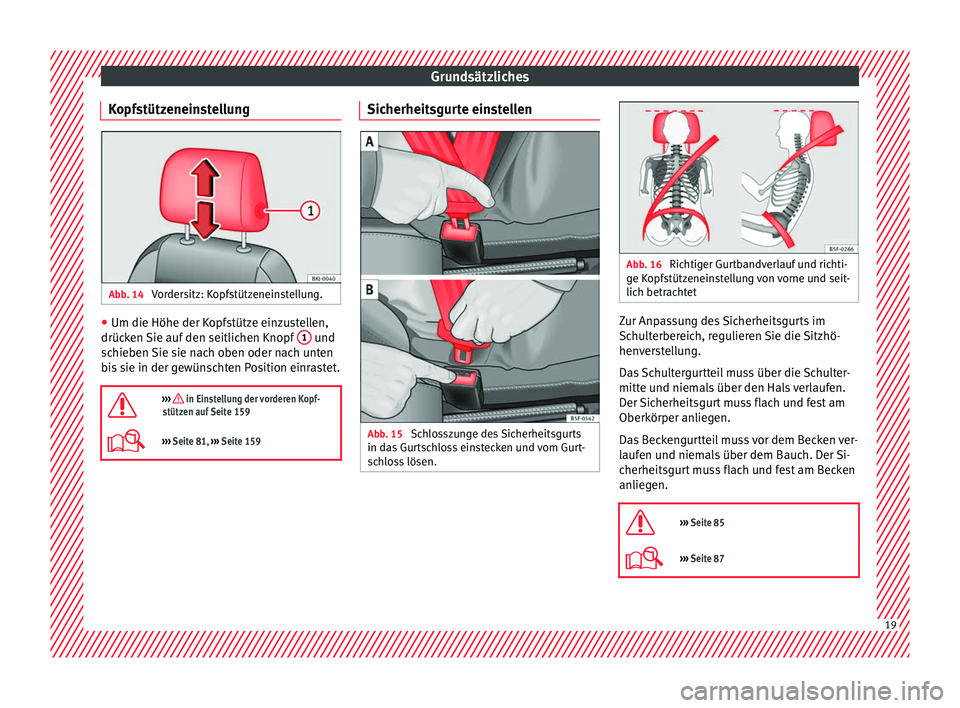 Seat Arona 2018  Betriebsanleitung (in German) Grundsätzliches
Kopfstützeneinstellung Abb. 14 
Vordersitz: Kopfstützeneinstellung. ●
Um die Höhe der Kopfstütze einzustellen,
drüc k
en 
Sie auf den seitlichen Knopf  1  und
s c
hie
ben Sie s