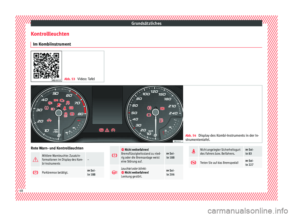 Seat Arona 2018  Betriebsanleitung (in German) Grundsätzliches
Kontrollleuchten Im K omb
iin
strument Abb. 53 
Video: Tafel Abb. 54 
Display des Kombi-Instruments in der In-
s trument
ent

afel. Rote Warn- und Kontrollleuchten

Mittlere Warnle