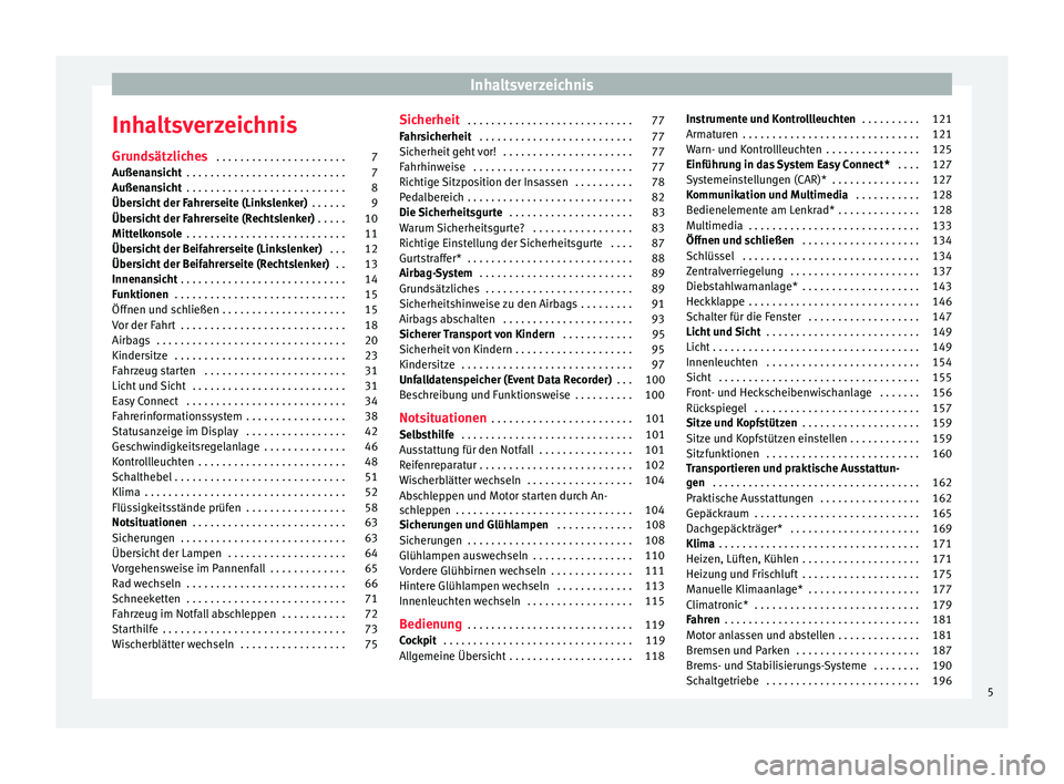 Seat Arona 2018  Betriebsanleitung (in German) Inhaltsverzeichnis
Inhaltsverzeichnis
Gru nd
sätz
liches . . . . . . . . . . . . . . . . . . . . . . 7
Außenansicht  . . . . . . . . . . . . . . . . . . . . . . . . . . . 7
Außenansicht  . . . . . 