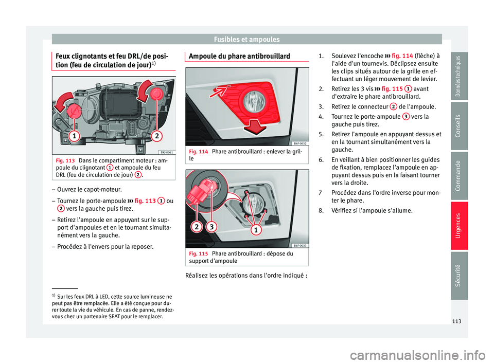 Seat Arona 2018 Manuel du propriétaire (in French) Fusibles et ampoules
Feux clignotants et feu DRL/de posi-
tion (f eu de c
ir
culation de jour) 1)Fig. 113
Dans le compartiment moteur : am-
pou l
e du c
lignotant 1 et ampoule du feu
DRL (f
eu de Seat Arona 2018 Manuel du propriétaire (in French) Fusibles et ampoules
Feux clignotants et feu DRL/de posi-
tion (f eu de c
ir
culation de jour) 1)Fig. 113
Dans le compartiment moteur : am-
pou l
e du c
lignotant 1 et ampoule du feu
DRL (f
eu de