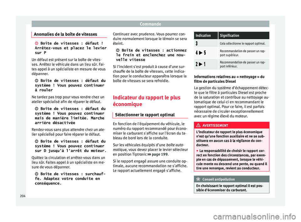 Seat Arona 2018  Manuel du propriétaire (in French)  Commande
Anomalies de la boîte de vitesses 
 
Boîte de vitesses  
: défaut !
Arrêtez-vous et placez le levier
sur P
Un défaut est présent sur la boîte de vites-
ses. Arrêtez le véhicule da