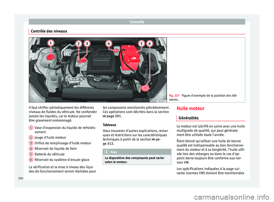 Seat Arona 2018  Manuel du propriétaire (in French)  Conseils
Contrôle des niveaux Fig. 237 
Figure d'exemple de la position des élé-
ments. Il faut vérifier périodiquement les différents
niv
e
aux
 de fluides du véhicule. Ne confondez
jamais