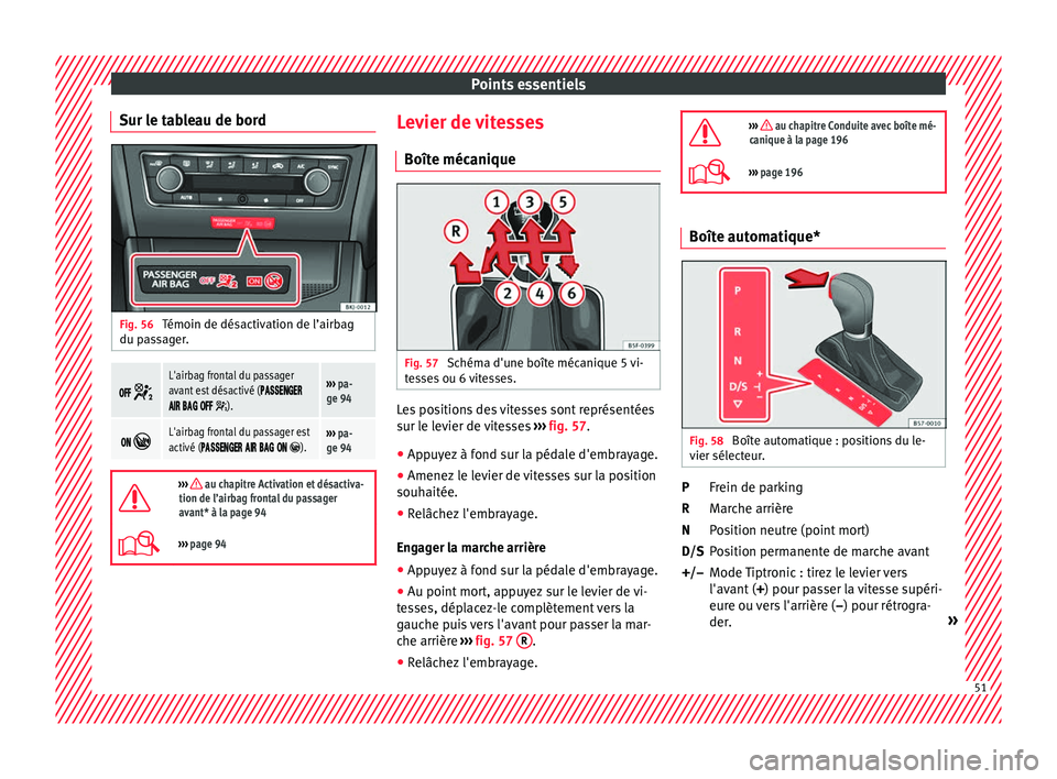 Seat Arona 2018 Manuel du propriétaire (in French) Points essentiels
Sur le tableau de bord Fig. 56
Témoin de désactivation de l’airbag
du p a
s
sager.
L'airbag frontal du passager
avant est désactivé ( Seat Arona 2018 Manuel du propriétaire (in French) Points essentiels
Sur le tableau de bord Fig. 56
Témoin de désactivation de l’airbag
du p a
s
sager.
L'airbag frontal du passager
avant est désactivé (