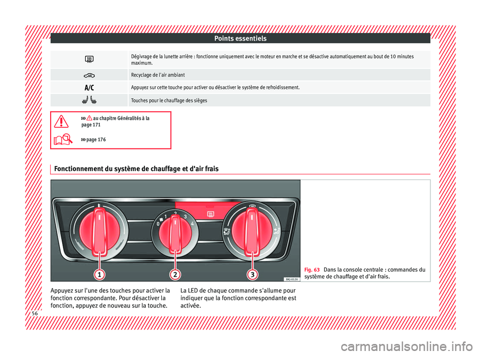 Seat Arona 2018 Manuel du propriétaire (in French) Points essentiels
Dégivrage de la lunette arrière : fonctionne uniquement avec le moteur en marche et se désactive automatiquement au bout de 10 minutes
maximum.
Recyclage de l'air ambia Seat Arona 2018 Manuel du propriétaire (in French) Points essentiels
Dégivrage de la lunette arrière : fonctionne uniquement avec le moteur en marche et se désactive automatiquement au bout de 10 minutes
maximum.
Recyclage de l'air ambia
