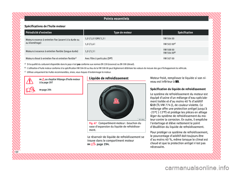Seat Arona 2018  Manuel du propriétaire (in French)  Points essentiels
Spécifications de l’huile moteurPériodicité d'entretienType de moteurSpécification
Moteurs essence à entretien fixe (asservi à la durée ou
au kilométrage)1,0 l/1,0 l GN