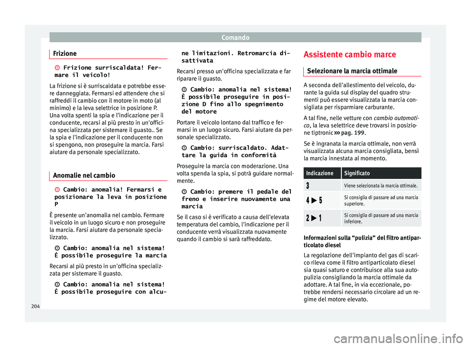 Seat Arona 2018 Manuale del proprietario (in Italian) Comando
Frizione Frizione surriscaldata! Fer-
mare il veicolo!
La friz ione s i è s
urriscaldata e potrebbe esse-
re danneggiata. Fermarsi ed attendere che si
raffreddi il cambio con il motore in Seat Arona 2018 Manuale del proprietario (in Italian) Comando
Frizione Frizione surriscaldata! Fer-
mare il veicolo!
La friz ione s i è s
urriscaldata e potrebbe esse-
re danneggiata. Fermarsi ed attendere che si
raffreddi il cambio con il motore in