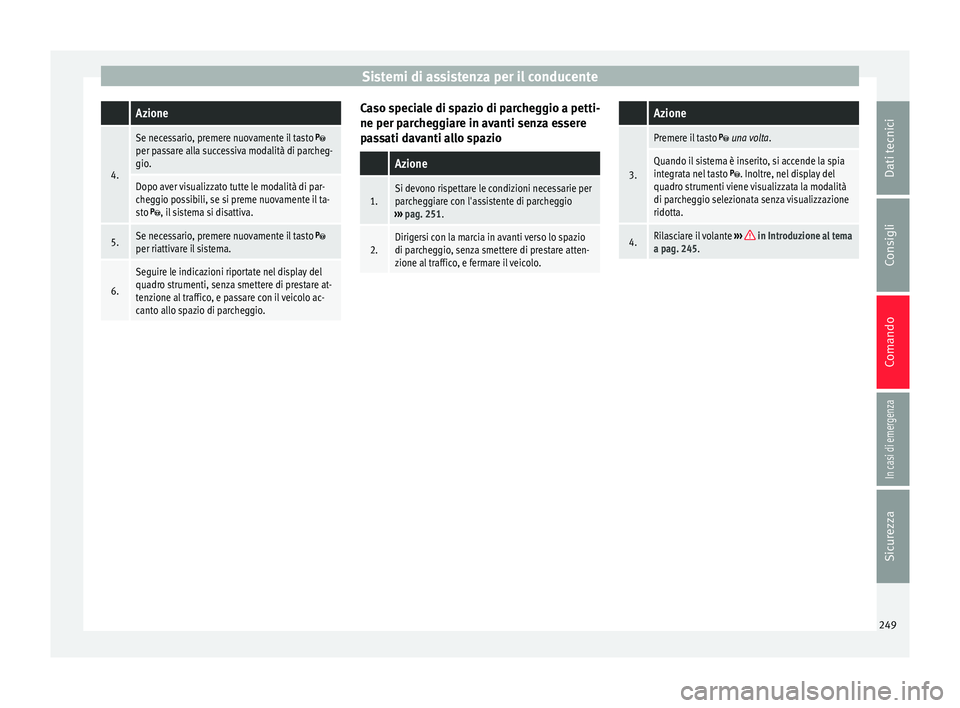 Seat Arona 2018  Manuale del proprietario (in Italian) Sistemi di assistenza per il conducente Azione
4.
Se necessario, premere nuovamente il tasto per passare alla successiva modalità di parcheg-
gio.
Dopo aver visualizzato tutte le modalità di par-
