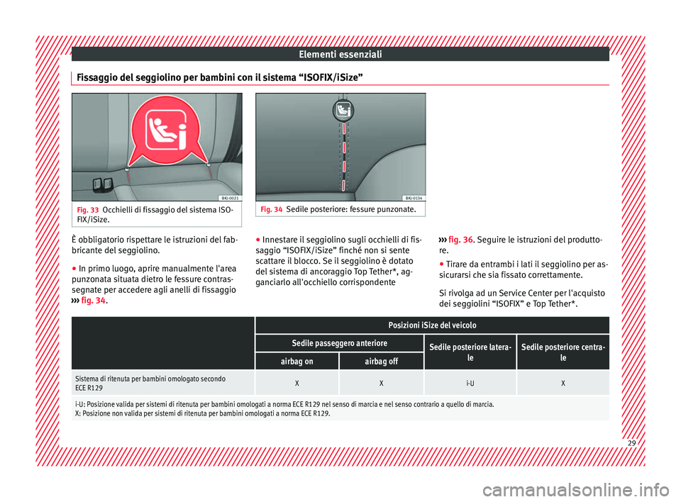 Seat Arona 2018  Manuale del proprietario (in Italian) Elementi essenziali
Fissaggio del seggiolino per bambini con il sistema “ISOFIX/iSize” Fig. 33
Occhielli di fissaggio del sistema ISO-
FIX/iSize. Fig. 34
Sedile posteriore: fessure punzonate. È o