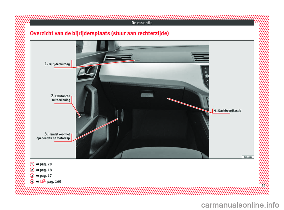 Seat Arona 2018  Handleiding (in Dutch) De essentie
Overzicht van de bijrijdersplaats (stuur aan rechterzijde) ››› 
pag. 20
› ›
› pag. 18
›››  pag. 17
›››   pag. 160 1
2
3
4
13  