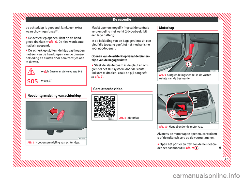 Seat Arona 2018  Handleiding (in Dutch) De essentie
de achterklep is geopend, klinkt een extra
w aar
s
chuwingssignaal*.
● De achterklep openen: licht op de hand-
greep drukken  ›

›› afb. 6. De klep wordt auto-
matisch geopend.
●