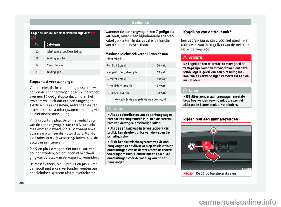 Seat Arona 2018 Handleiding (in Dutch) BedienenLegenda van de schematische weergave
››› afb.
233:
PinBetekenis
10Kabel zonder positieve lading
11Aarding, pin 10
12Zonder functie
13Aarding, pin 9 Stopcontact voor aanhanger
Voor de el Seat Arona 2018 Handleiding (in Dutch) BedienenLegenda van de schematische weergave
››› afb.
233:
PinBetekenis
10Kabel zonder positieve lading
11Aarding, pin 10
12Zonder functie
13Aarding, pin 9 Stopcontact voor aanhanger
Voor de el
