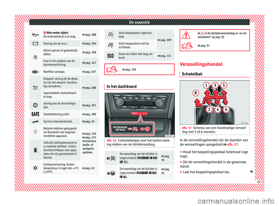 Seat Arona 2018  Handleiding (in Dutch) De essentie
  Niet verder rijden!
De motoroliedruk is te laag.›››  pag. 288 
Storing aan de accu.››› 
pag. 294 
Rijlicht geheel of gedeeltelijk
defect.››› 
pag. 108
Fout 