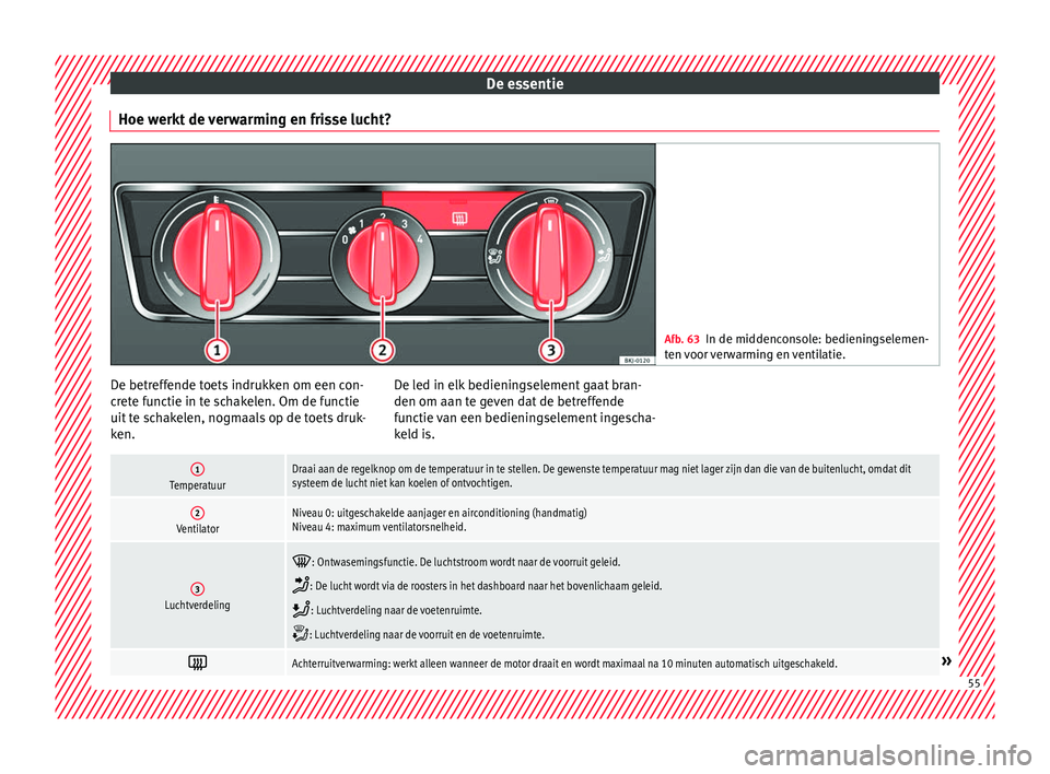 Seat Arona 2018 Handleiding (in Dutch) De essentie
Hoe werkt de verwarming en frisse lucht? Afb. 63
In de middenconsole: bedieningselemen-
ten v
oor verwarming en ventilatie. De betreffende toets indrukken om een con-
c
r
et
e functie in Seat Arona 2018 Handleiding (in Dutch) De essentie
Hoe werkt de verwarming en frisse lucht? Afb. 63
In de middenconsole: bedieningselemen-
ten v
oor verwarming en ventilatie. De betreffende toets indrukken om een con-
c
r
et
e functie in