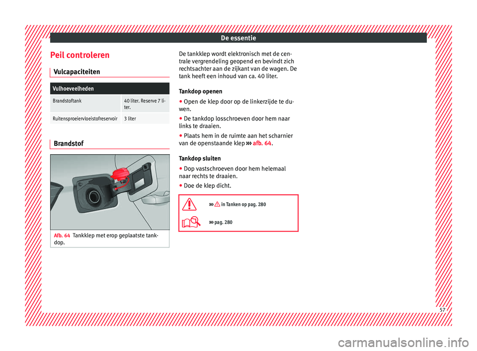 Seat Arona 2018 Handleiding (in Dutch) De essentie
Peil controleren V u
lc
apaciteiten
Vulhoeveelheden
Brandstoftank40 liter. Reserve 7 li-
ter.
Ruitensproeiervloeistofreservoir3 liter Brandstof
Afb. 64
Tankklep met erop geplaatste tank-
d Seat Arona 2018 Handleiding (in Dutch) De essentie
Peil controleren V u
lc
apaciteiten
Vulhoeveelheden
Brandstoftank40 liter. Reserve 7 li-
ter.
Ruitensproeiervloeistofreservoir3 liter Brandstof
Afb. 64
Tankklep met erop geplaatste tank-
d