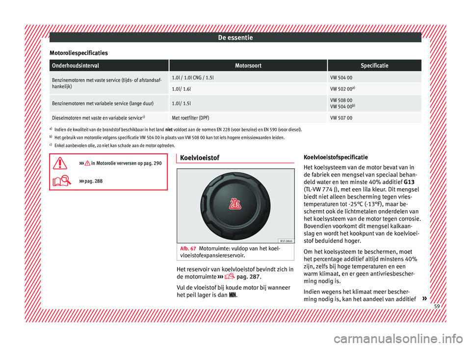 Seat Arona 2018  Handleiding (in Dutch) De essentie
MotoroliespecificatiesOnderhoudsintervalMotorsoortSpecificatie
Benzinemotoren met vaste service (tijds- of afstandsaf-
hankelijk)1.0l / 1.0l CNG / 1.5lVW 504 00
1.0l/ 1.6lVW 502 00 a)
Benz