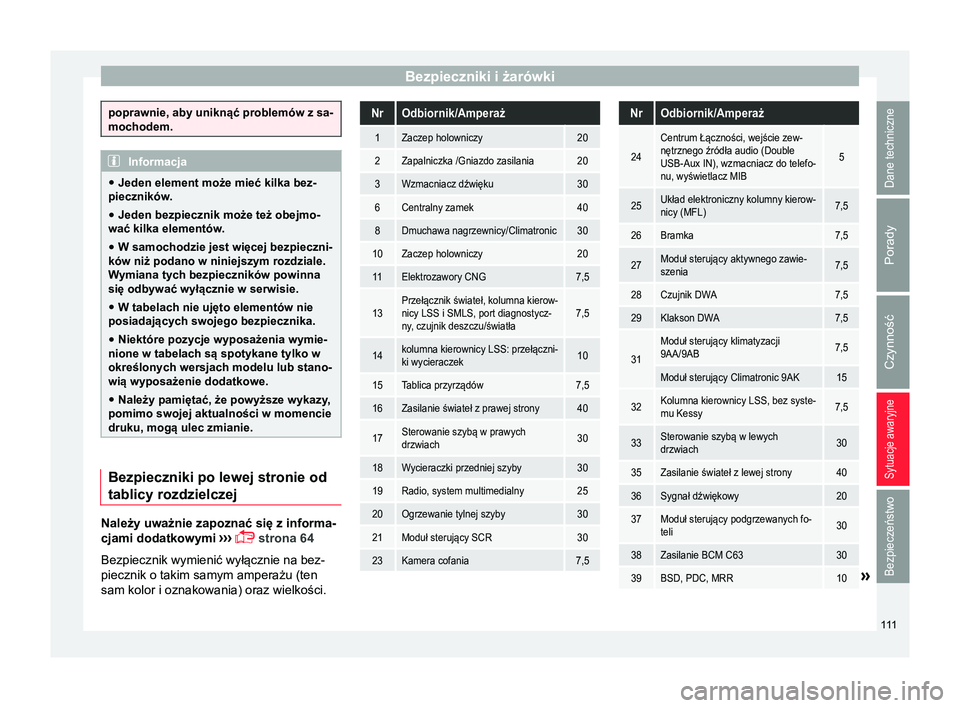 Seat Arona 2018  Instrukcja Obsługi (in Polish) Bezpieczniki i żarówki
poprawnie, aby uniknąć problemów z sa-
mochodem.
Informacja
● Jeden element może mieć kilka bez-
pieczników .
● Jeden bezpiecznik może też obejmo-
wać kilka eleme