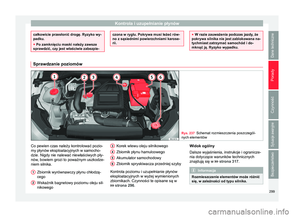 Seat Arona 2018  Instrukcja Obsługi (in Polish) Kontrola i uzupełnianie płynów
całkowicie przesłonić drogę. Ryzyko wy-
padku.
●
Po zamknięciu maski należy zawsze
sprawdzić, czy jest właściwie zabezpie- czona w ryglu. Pokrywa musi leż