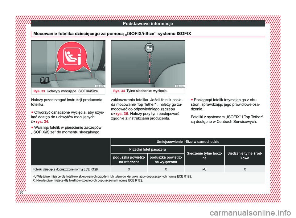 Seat Arona 2018 Instrukcja Obsługi (in Polish) Podstawowe informacje
Mocowanie fotelika dziecięcego za pomocą „ISOFIX/i-Size“ systemu ISOFIX Rys. 33
Uchwyty mocujące ISOFIX/iSize. Rys. 34
Tylne siedzenie: wycięcia. Należy przestrzegać in Seat Arona 2018 Instrukcja Obsługi (in Polish) Podstawowe informacje
Mocowanie fotelika dziecięcego za pomocą „ISOFIX/i-Size“ systemu ISOFIX Rys. 33
Uchwyty mocujące ISOFIX/iSize. Rys. 34
Tylne siedzenie: wycięcia. Należy przestrzegać in
