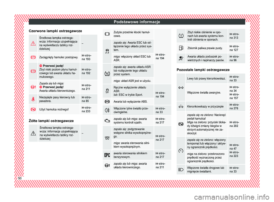 Seat Arona 2018  Instrukcja Obsługi (in Polish) Podstawowe informacje
Czerwone lampki ostrzegawcze Środkowa lampka ostrzega-
wcza: informacja uzupełniająca
na wyświetlaczu tablicy roz-
dzielczej
– 
Zaciągnięty hamulec postojowy.››