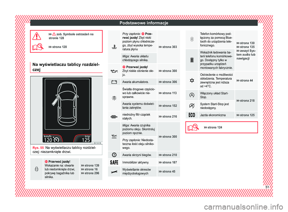 Seat Arona 2018  Instrukcja Obsługi (in Polish) Podstawowe informacje
›››  zob. Symbole ostrzeżeń na
stronie 128
›››  strona 128 Na wyświetlaczu tablicy rozdziel-
czej
Rys. 55
Na wyświetlaczu tablicy rozdziel-
czej: niezamkni�