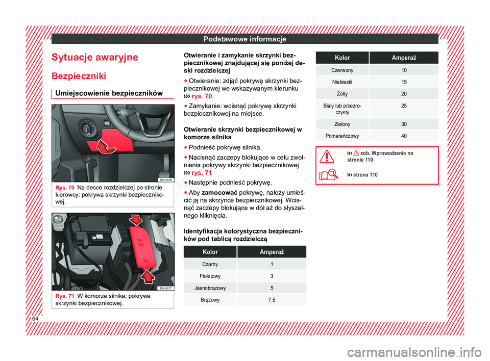 Seat Arona 2018 Instrukcja Obsługi (in Polish) Podstawowe informacje
Sytuacje awaryjne Bezpieczniki Umiejscowienie bezpieczników Rys. 70
Na desce rozdzielczej po stronie
kierowcy: pokrywa skrzynki bezpieczniko-
wej. Rys. 71
W komorze silnika: pok Seat Arona 2018 Instrukcja Obsługi (in Polish) Podstawowe informacje
Sytuacje awaryjne Bezpieczniki Umiejscowienie bezpieczników Rys. 70
Na desce rozdzielczej po stronie
kierowcy: pokrywa skrzynki bezpieczniko-
wej. Rys. 71
W komorze silnika: pok