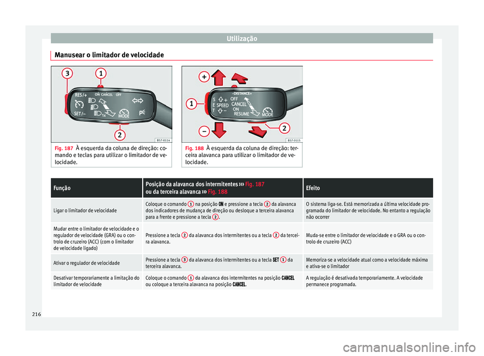 Seat Arona 2018  Manual do proprietário (in Portuguese)  Utilização
Manusear o limitador de velocidade Fig. 187
À esquerda da coluna de direção: co-
mando e t ec
las para utilizar o limitador de ve-
locidade. Fig. 188
À esquerda da coluna de direção