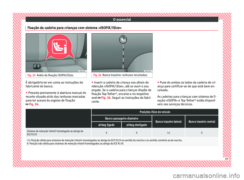 Seat Arona 2018 Manual do proprietário (in Portuguese) O essencial
Fixação da cadeira para crianças com sistema «ISOFIX/iSize» Fig. 33
Anéis de fixação ISOFIX/iSize. Fig. 34
Banco traseiro: ranhuras recortadas. É obrigatório ter em conta as inst Seat Arona 2018 Manual do proprietário (in Portuguese) O essencial
Fixação da cadeira para crianças com sistema «ISOFIX/iSize» Fig. 33
Anéis de fixação ISOFIX/iSize. Fig. 34
Banco traseiro: ranhuras recortadas. É obrigatório ter em conta as inst