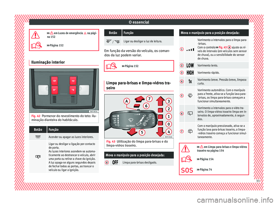 Seat Arona 2018 Manual do proprietário (in Portuguese) O essencial
››› em Luzes de emergência na pági-
na 152
››› Página 152 Iluminação interior
Fig. 42
Pormenor do revestimento do teto: ilu-
min ação di
ant
eira do habitá Seat Arona 2018 Manual do proprietário (in Portuguese) O essencial
››› em Luzes de emergência na pági-
na 152
››› Página 152 Iluminação interior
Fig. 42
Pormenor do revestimento do teto: ilu-
min ação di
ant
eira do habitá