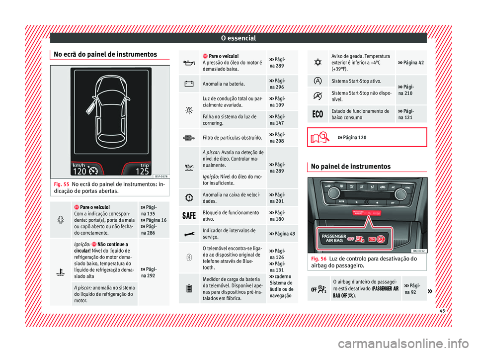 Seat Arona 2018 Manual do proprietário (in Portuguese) O essencial
No ecrã do painel de instrumentos Fig. 55
No ecrã do painel de instrumentos: in-
dic ação de por
t
as abertas.
Pare o veículo!
Com a indicação correspon-
dente: porta(s), p Seat Arona 2018 Manual do proprietário (in Portuguese) O essencial
No ecrã do painel de instrumentos Fig. 55
No ecrã do painel de instrumentos: in-
dic ação de por
t
as abertas.
Pare o veículo!
Com a indicação correspon-
dente: porta(s), p